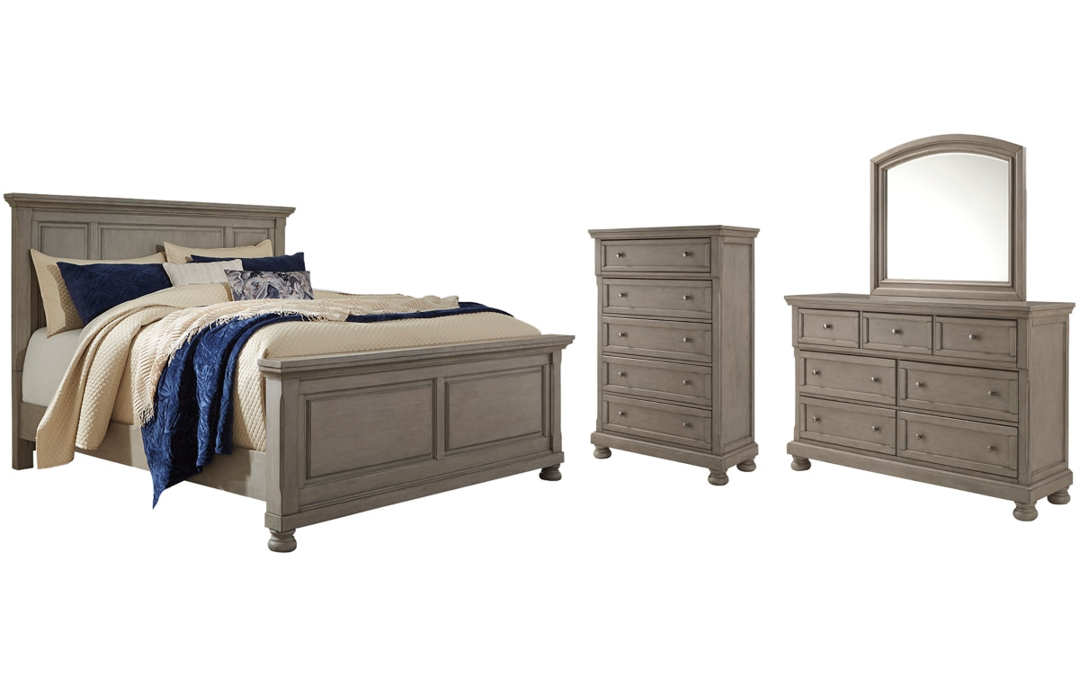 Lettner King Panel Bed with Mirrored Dresser and Chest