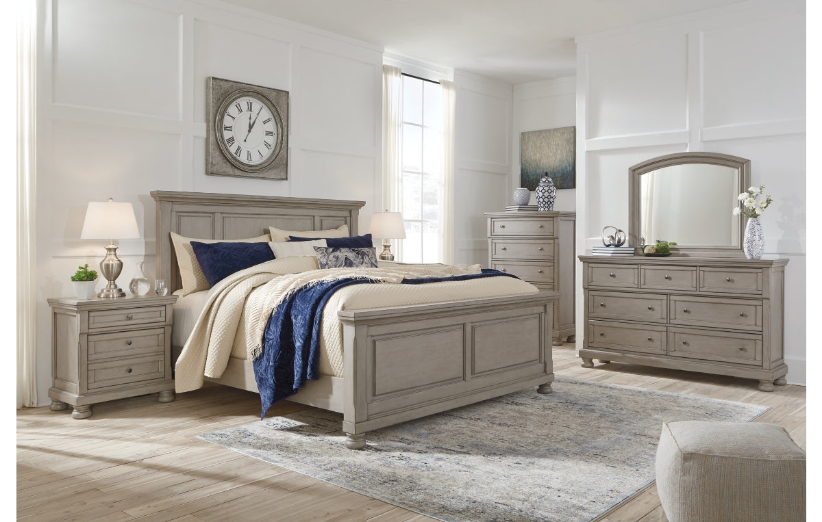 Lettner King Panel Bed with Mirrored Dresser, Chest and Nightstand