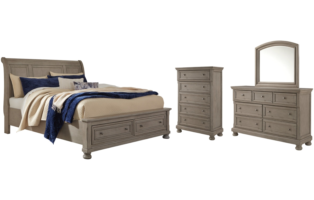 Lettner Queen Sleigh Bed with 2 Storage Drawers with Mirrored Dresser and Chest