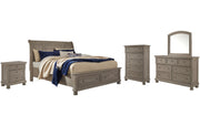 Lettner King Sleigh Bed with 2 Storage Drawers with Mirrored Dresser, Chest and Nightstand
