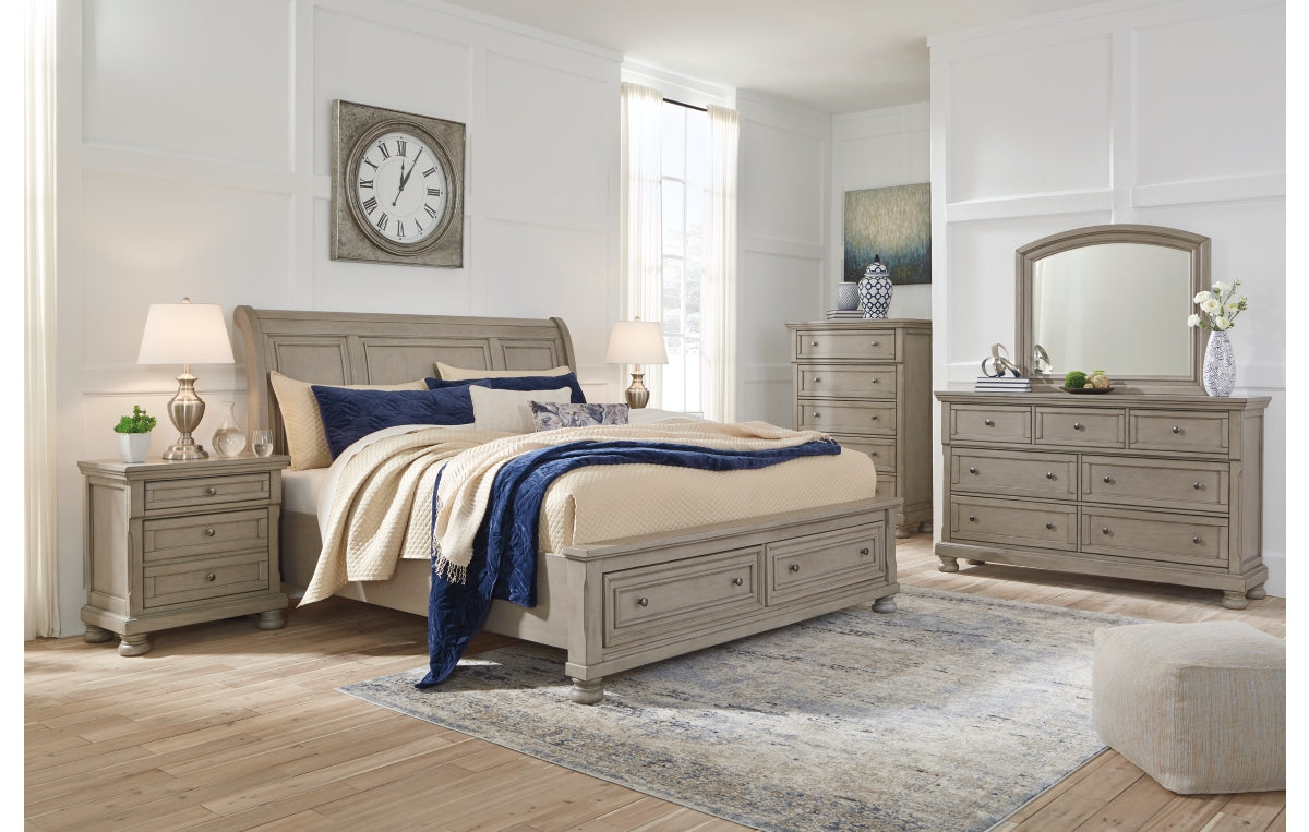 Lettner King Sleigh Bed with 2 Storage Drawers with Mirrored Dresser, Chest and Nightstand