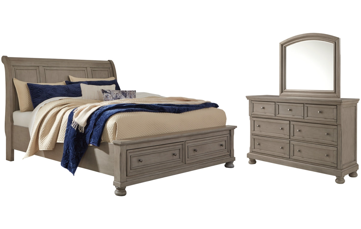 Lettner Queen Sleigh Bed with 2 Storage Drawers with Mirrored Dresser