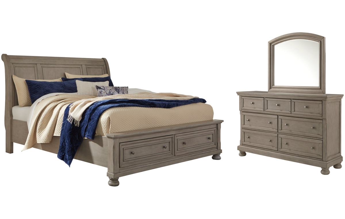 Lettner California King Sleigh Bed with Mirrored Dresser