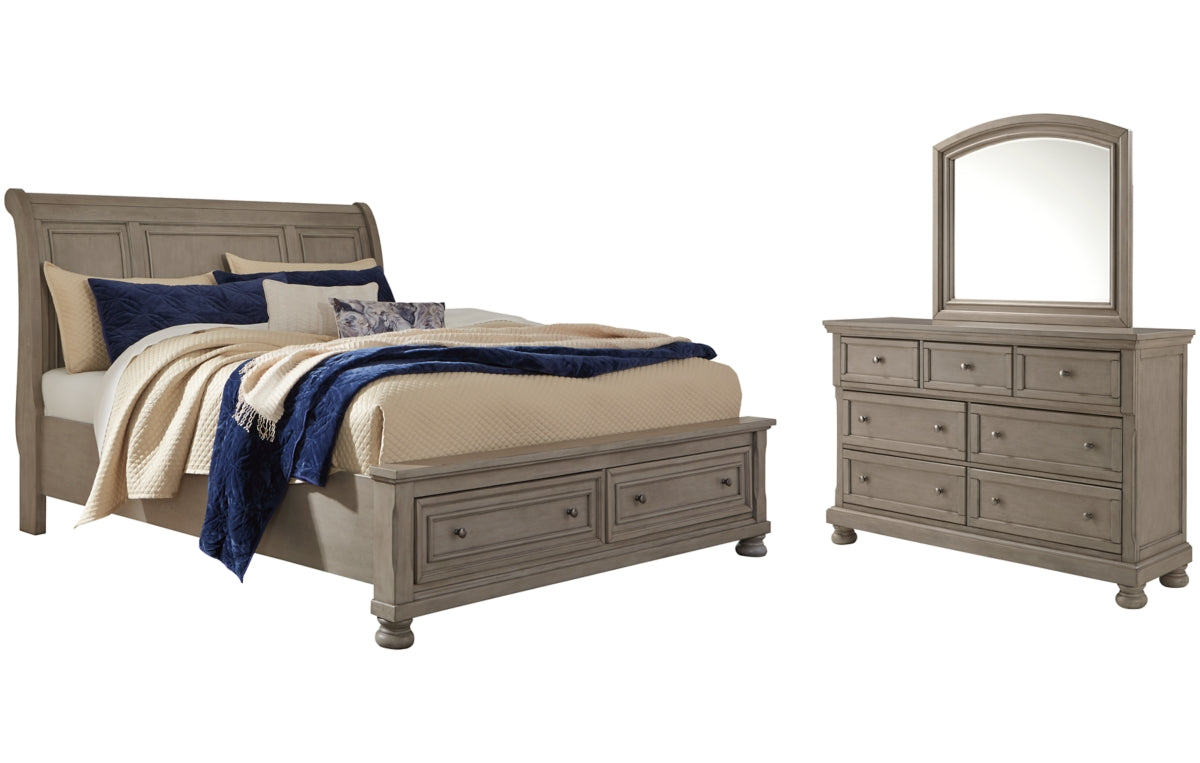 Lettner King Sleigh Bed with 2 Storage Drawers with Mirrored Dresser