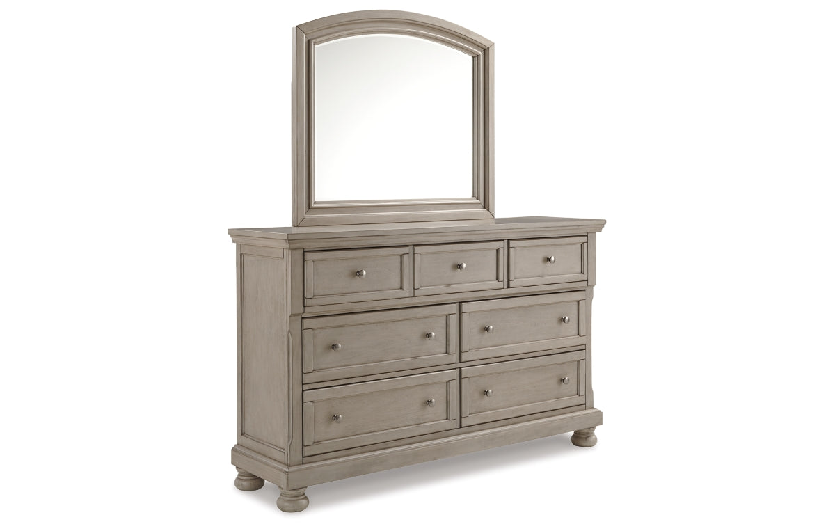 Lettner Queen Sleigh Bed with 2 Storage Drawers with Mirrored Dresser, Chest and Nightstand