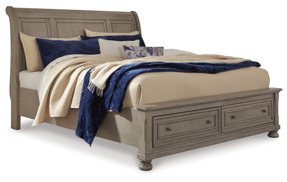 Lettner King Sleigh Bed with 2 Storage Drawers with Mirrored Dresser, Chest and Nightstand