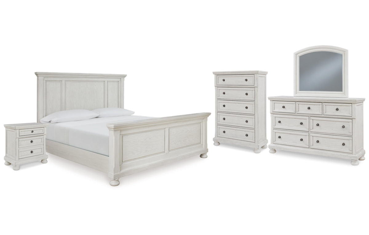 Robbinsdale California King Panel Bed with Mirrored Dresser, Chest and Nightstand