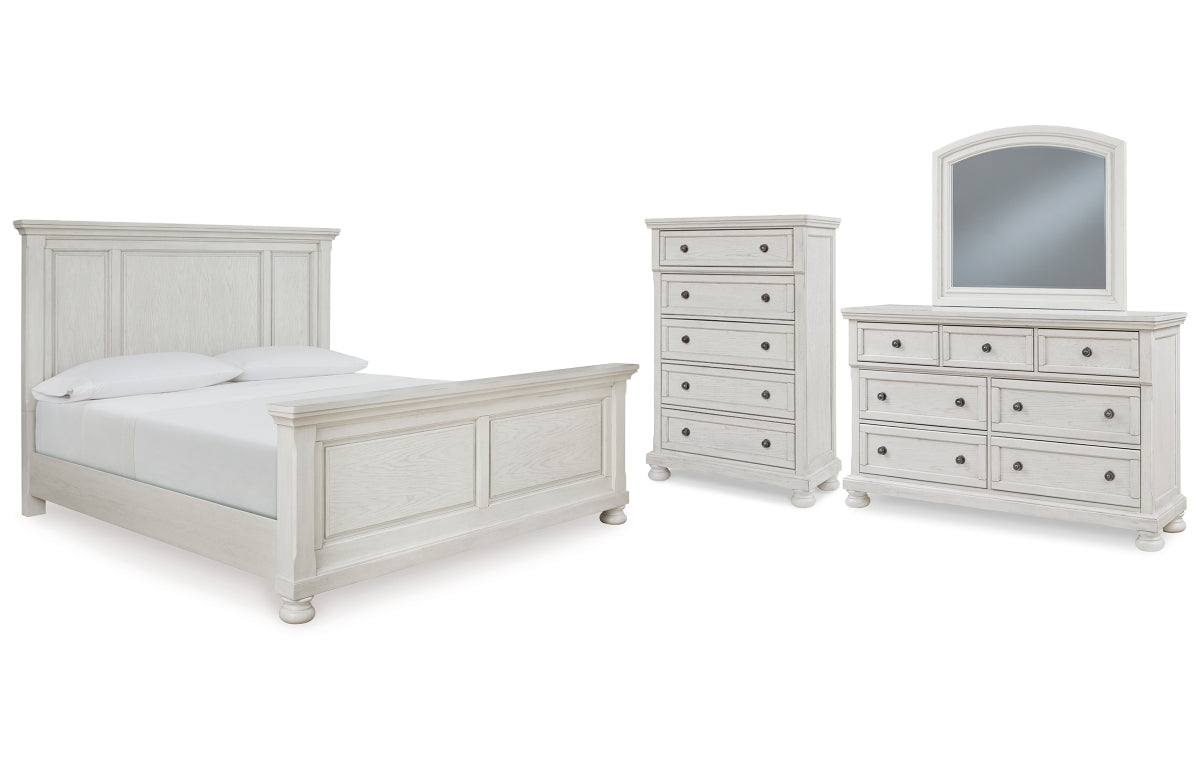 Robbinsdale California King Panel Bed with Mirrored Dresser and Chest