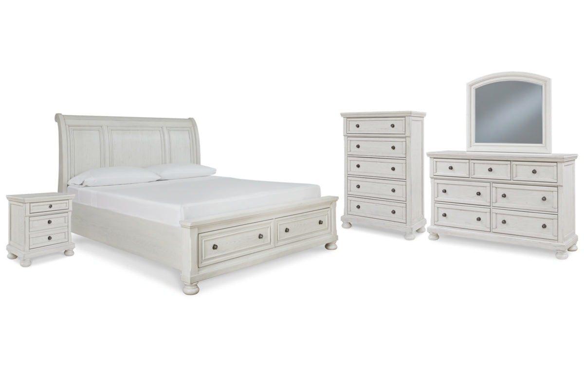 Robbinsdale California King Sleigh Bed with Storage with Mirrored Dresser, Chest and Nightstand