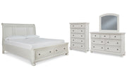Robbinsdale California King Sleigh Bed with Storage with Mirrored Dresser and Chest