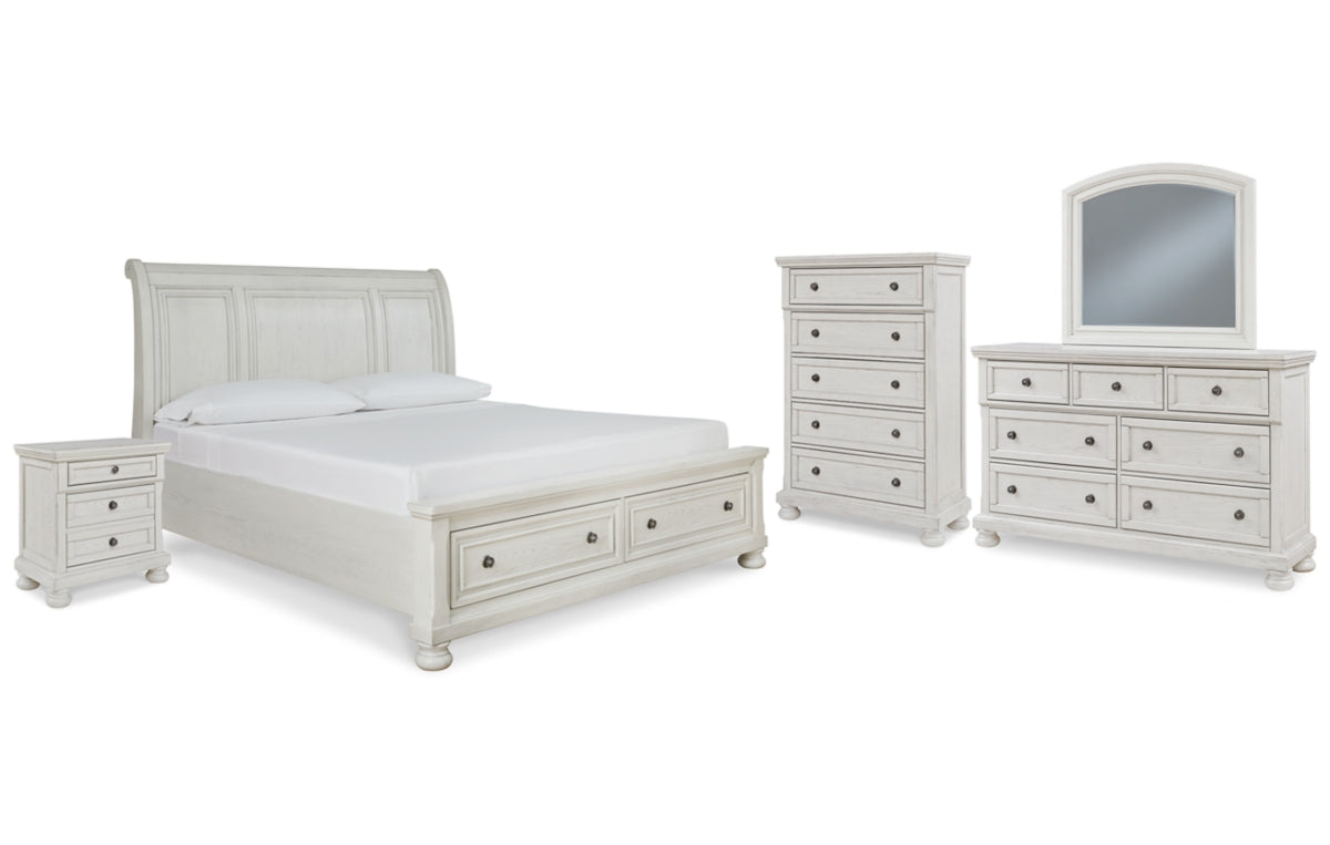 Robbinsdale King Sleigh Bed with Storage with Mirrored Dresser, Chest and Nightstand