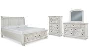 Robbinsdale King Sleigh Bed with Storage with Mirrored Dresser and Chest