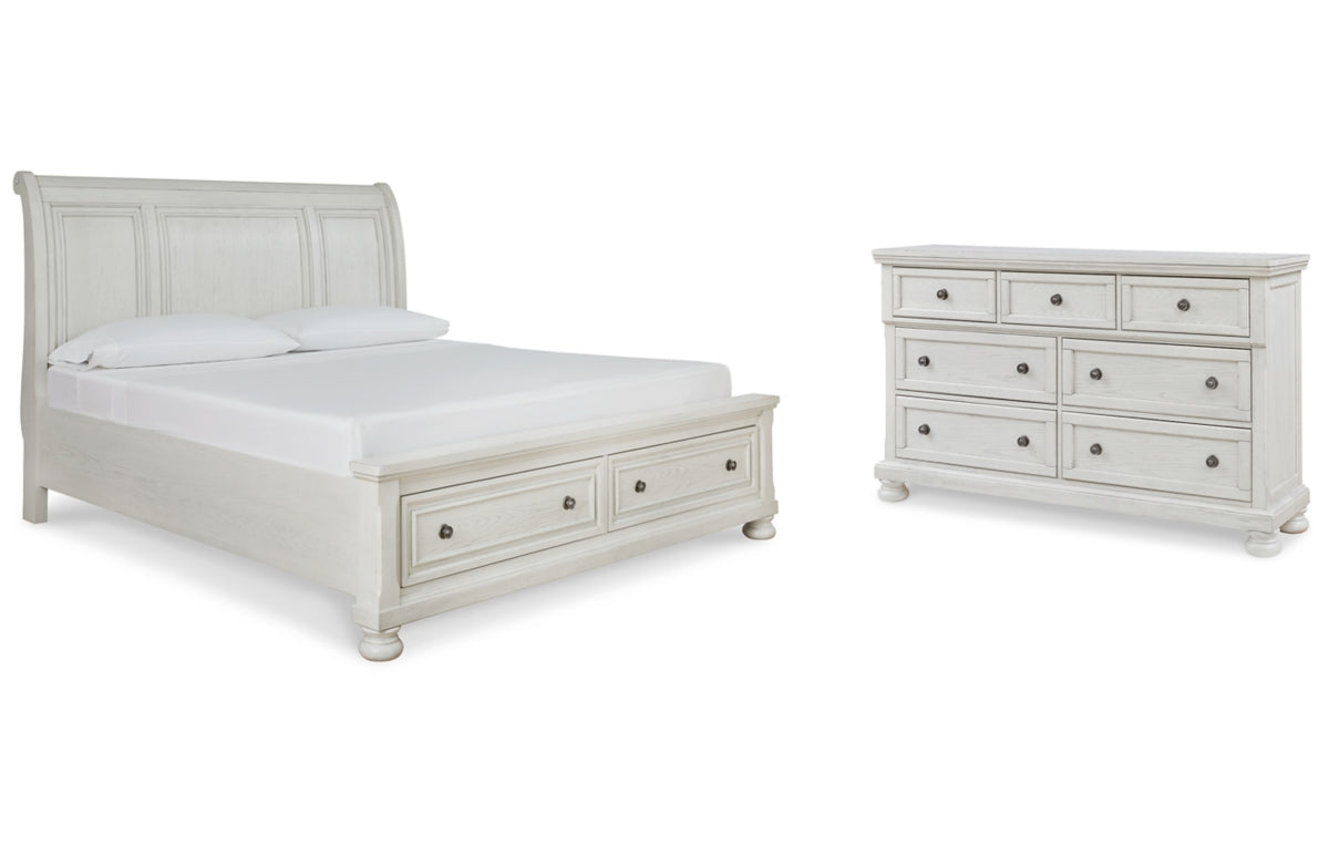 Robbinsdale California King Sleigh Bed with Storage with Mirrored Dresser