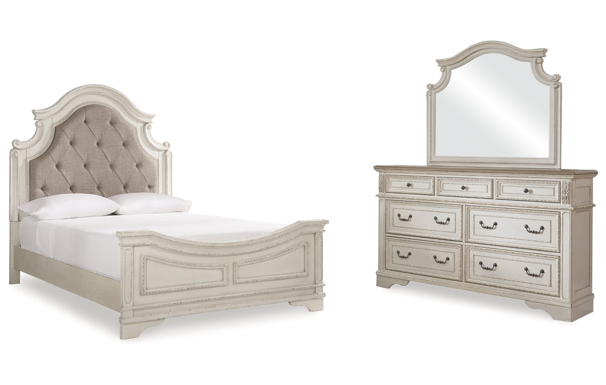 Realyn Queen Upholstered Panel Bed with Mirrored Dresser