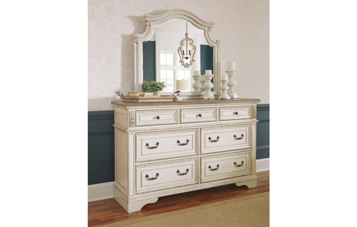 Realyn King Upholstered Panel Bed with Mirrored Dresser and Chest