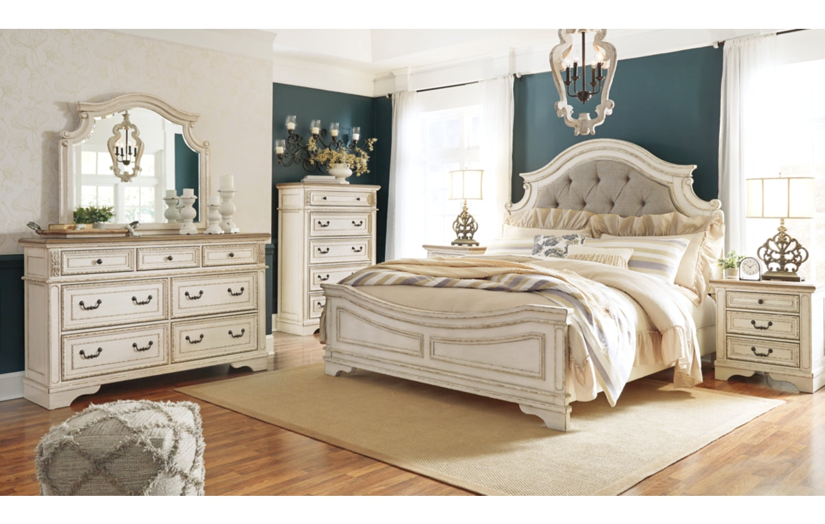 Realyn California King Upholstered Panel Bed with Mirrored Dresser, Chest and Nightstand