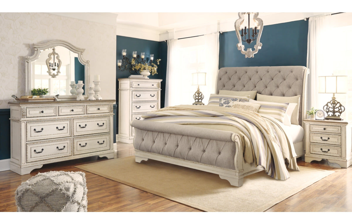 Realyn California King Sleigh Bed with Mirrored Dresser, Chest and Nightstand