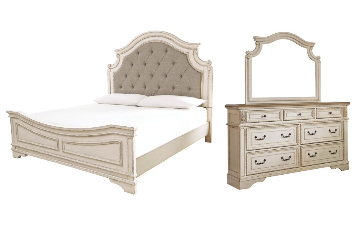 Realyn California King Upholstered Panel Bed with Mirrored Dresser