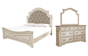 Realyn California King Upholstered Panel Bed with Mirrored Dresser