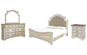 Realyn King Upholstered Panel Bed with Mirrored Dresser and Nightstand