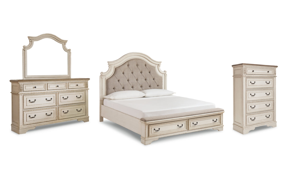 Realyn California King Upholstered Bed with Mirrored Dresser and Chest