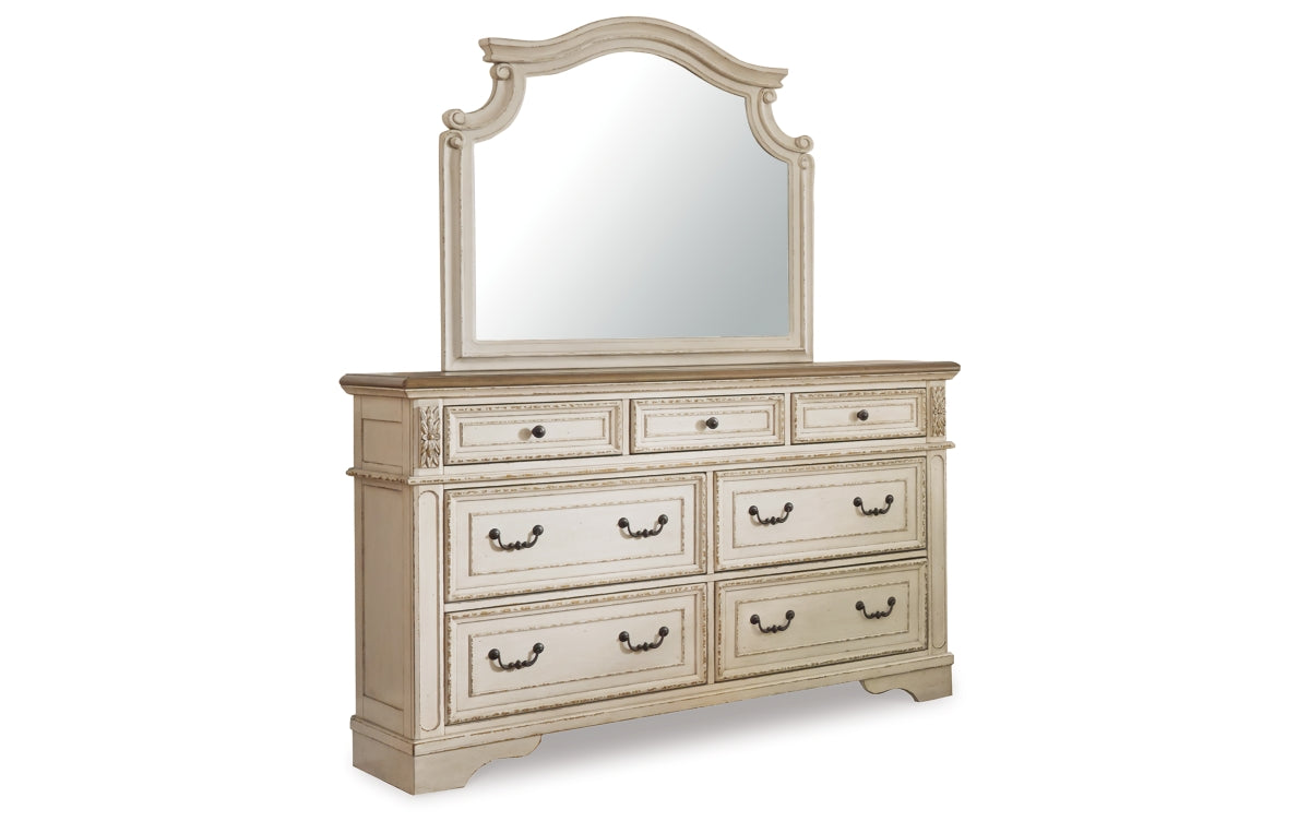 Realyn Queen Upholstered Panel Bed with Mirrored Dresser and Chest