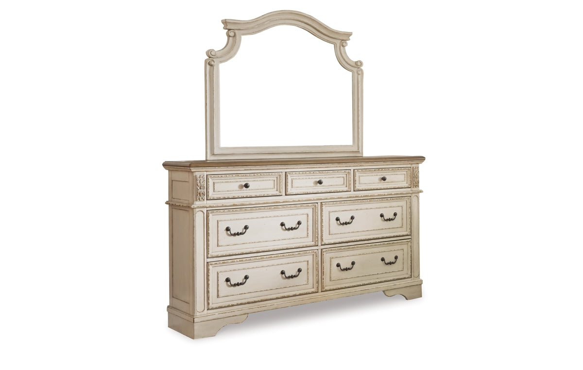 Realyn California King Upholstered Panel Bed with Mirrored Dresser, Chest and Nightstand