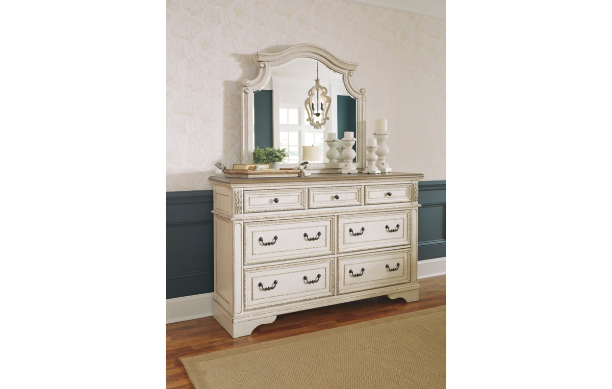 Realyn Queen Upholstered Panel Bed with Mirrored Dresser and Chest