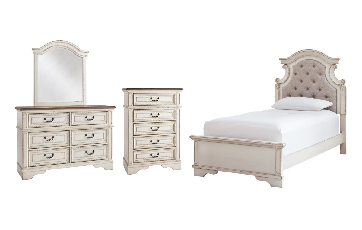 Realyn Twin Panel Bed with Mirrored Dresser and Chest