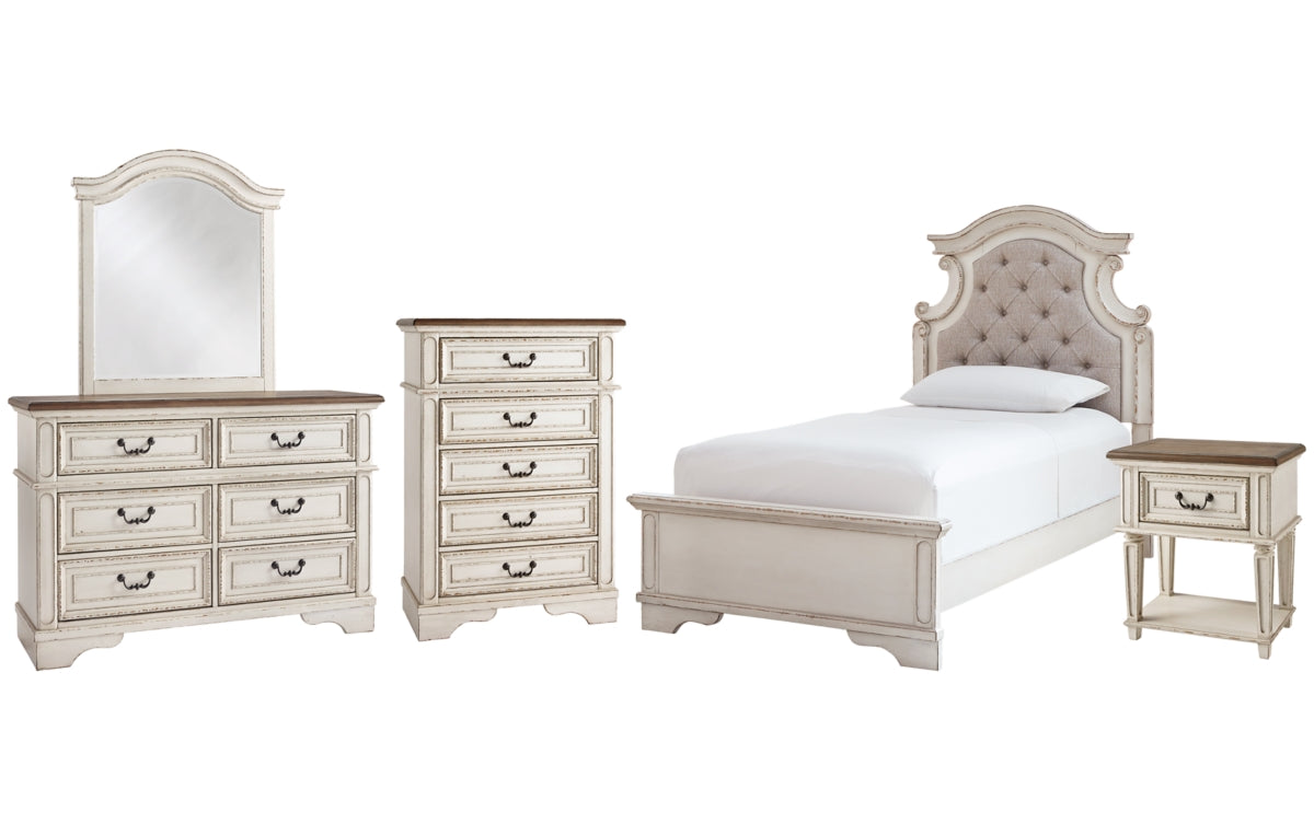 Realyn Twin Panel Bed with Mirrored Dresser, Chest and Nightstand