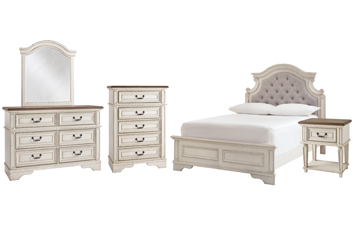 Realyn Full Panel Bed with Mirrored Dresser, Chest and Nightstand