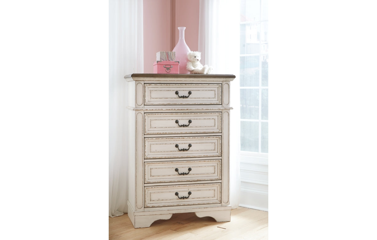 Realyn Twin Panel Bed with Mirrored Dresser and Chest