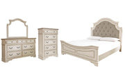 Realyn King Upholstered Panel Bed with Mirrored Dresser and Chest