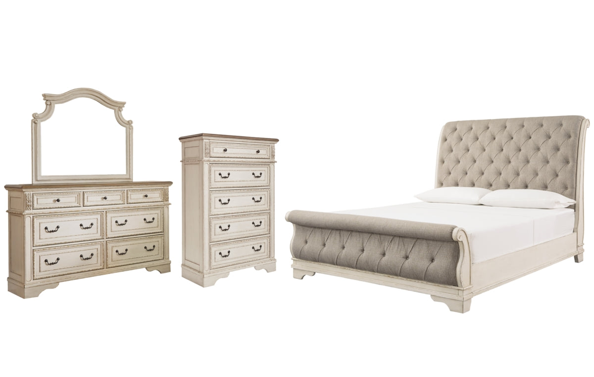 Realyn King Sleigh Bed with Mirrored Dresser and Chest
