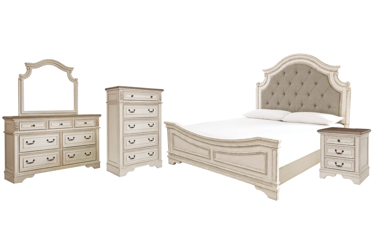 Realyn California King Upholstered Panel Bed with Mirrored Dresser, Chest and Nightstand