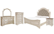 Realyn California King Upholstered Panel Bed with Mirrored Dresser, Chest and Nightstand