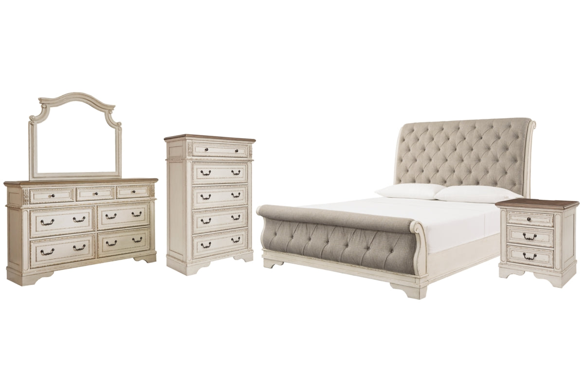 Realyn Queen Sleigh Bed with Mirrored Dresser, Chest and Nightstand