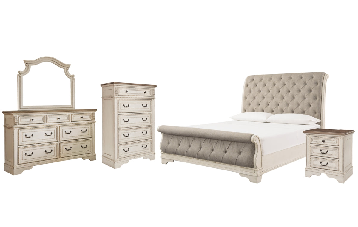 Realyn California King Sleigh Bed with Mirrored Dresser, Chest and Nightstand