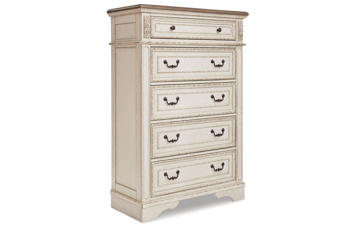 Realyn California King Upholstered Bed with Mirrored Dresser and Chest