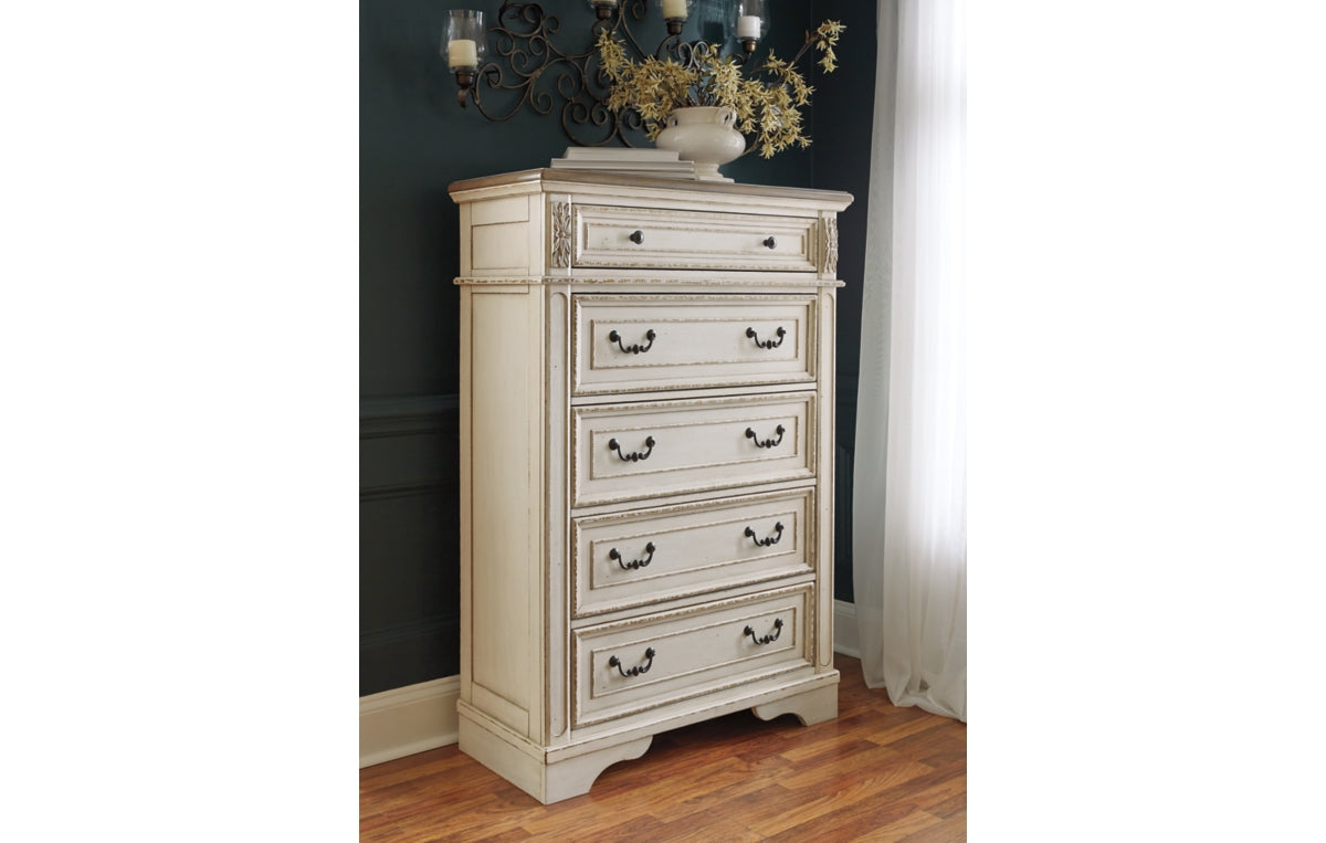 Realyn King Upholstered Panel Bed with Mirrored Dresser and Chest