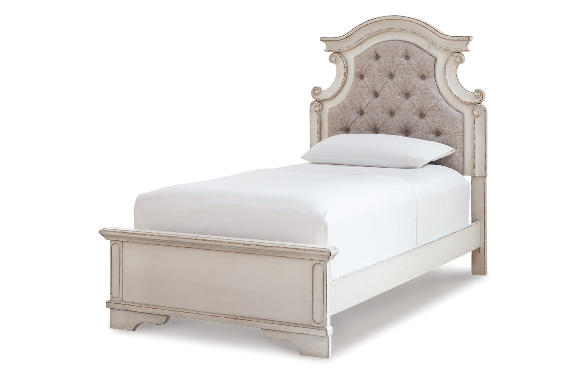 Realyn Twin Panel Bed with Mirrored Dresser, Chest and Nightstand
