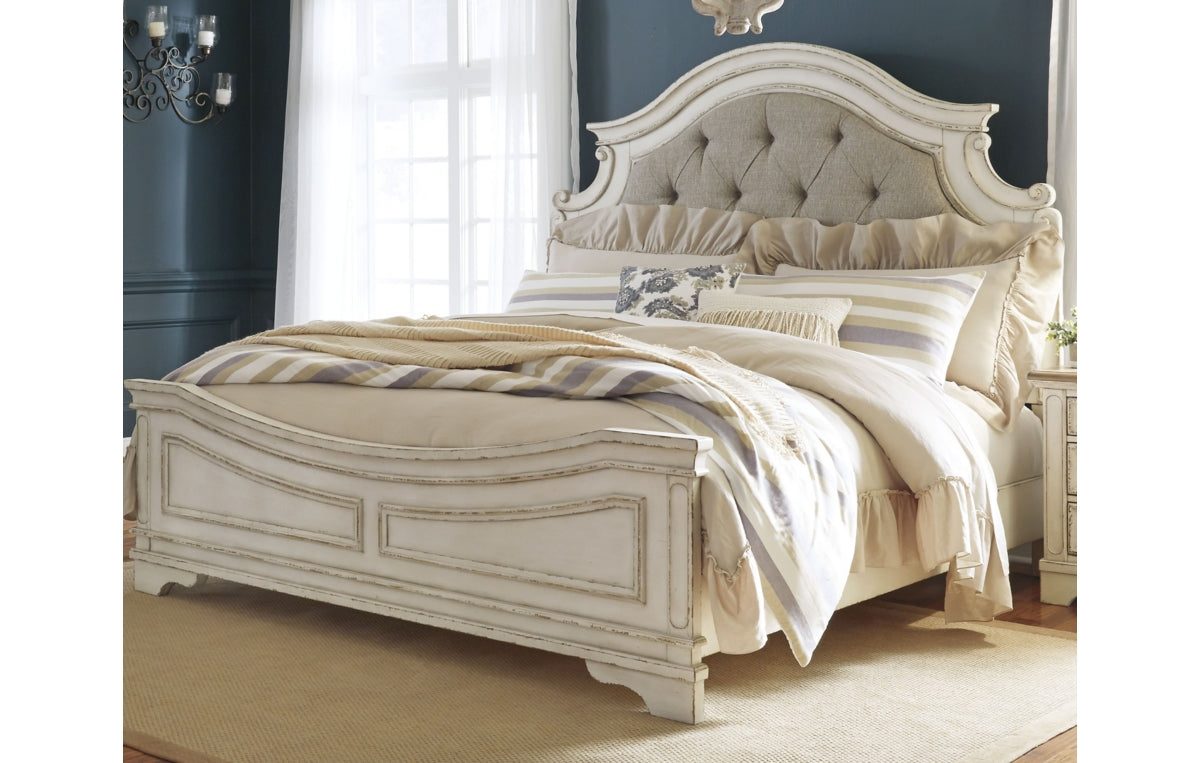 Realyn King Upholstered Panel Bed with Mirrored Dresser and Chest