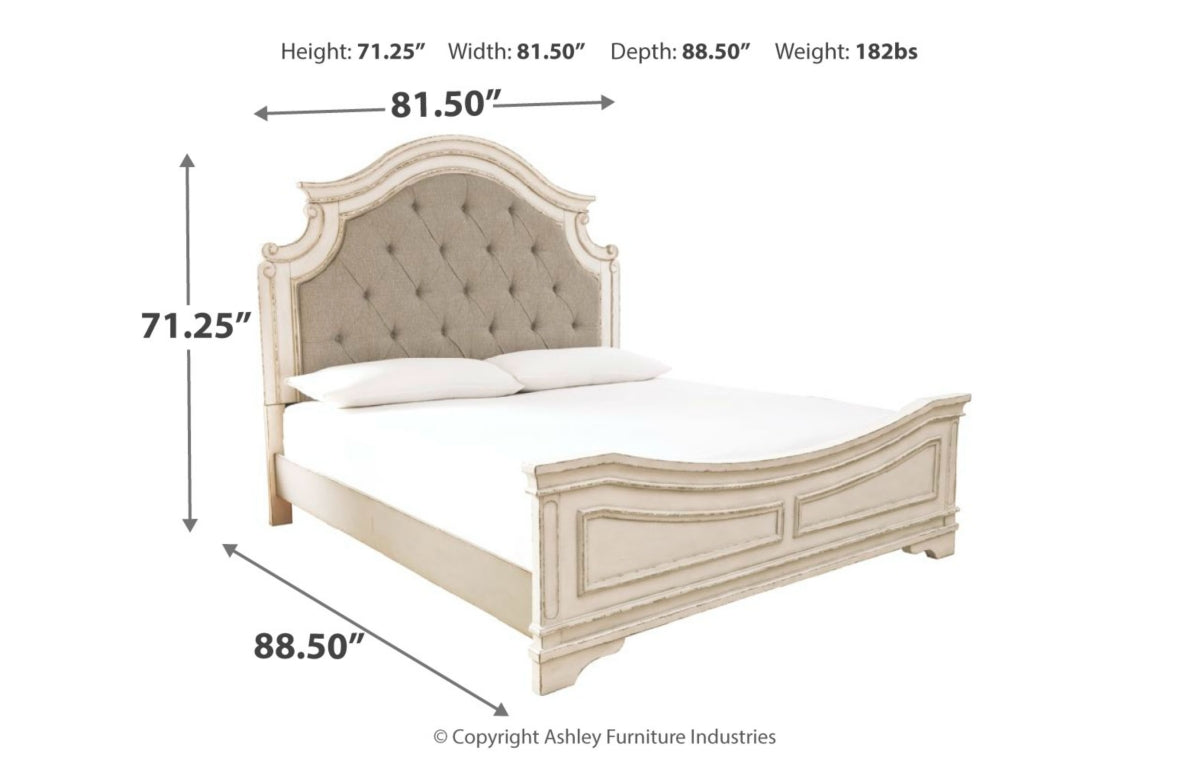 Realyn Queen Upholstered Panel Bed with Mirrored Dresser