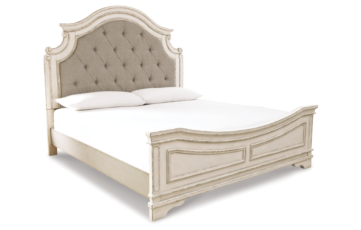 Realyn California King Upholstered Panel Bed with Mirrored Dresser