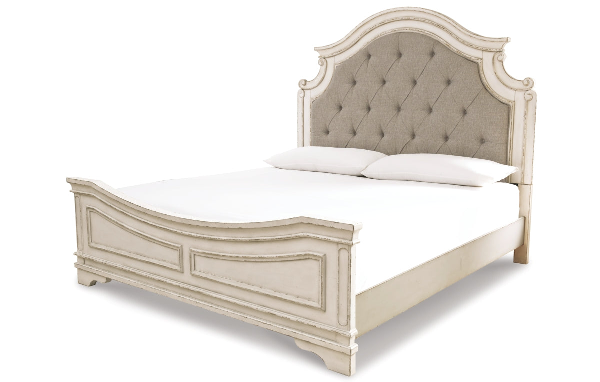 Realyn California King Upholstered Panel Bed with Mirrored Dresser, Chest and Nightstand