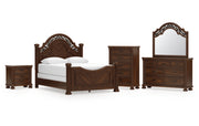 Lavinton Queen Poster Bed with Mirrored Dresser, Chest and Nightstand