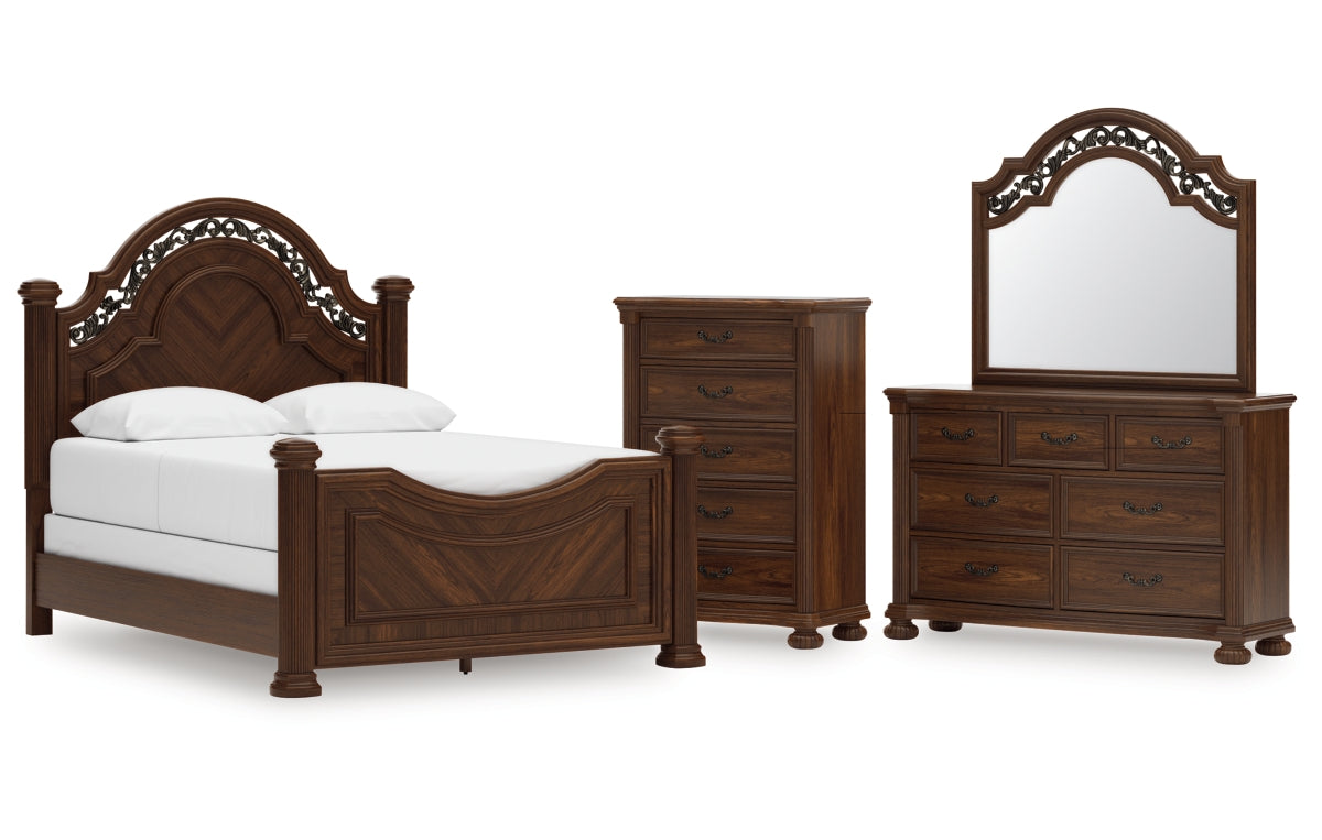 Lavinton Queen Poster Bed with Mirrored Dresser and Chest