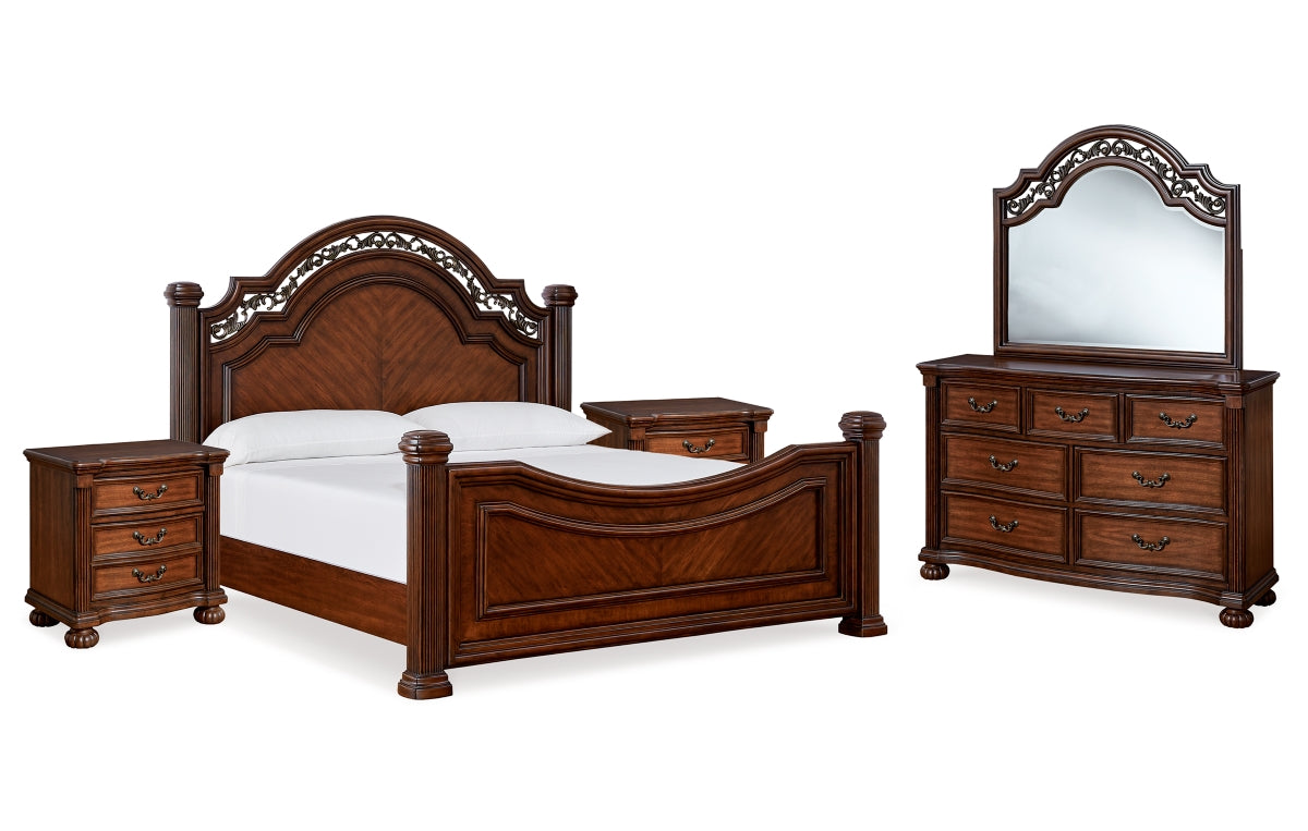 Lavinton King Poster Bed with Mirrored Dresser and Nightstand