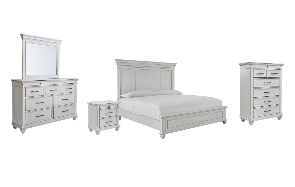 Kanwyn King Panel Bed with Mirrored Dresser, Chest and Nightstand