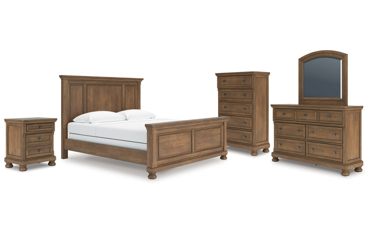 Feddinger King Panel Bed with Mirrored Dresser, Chest and Nightstand